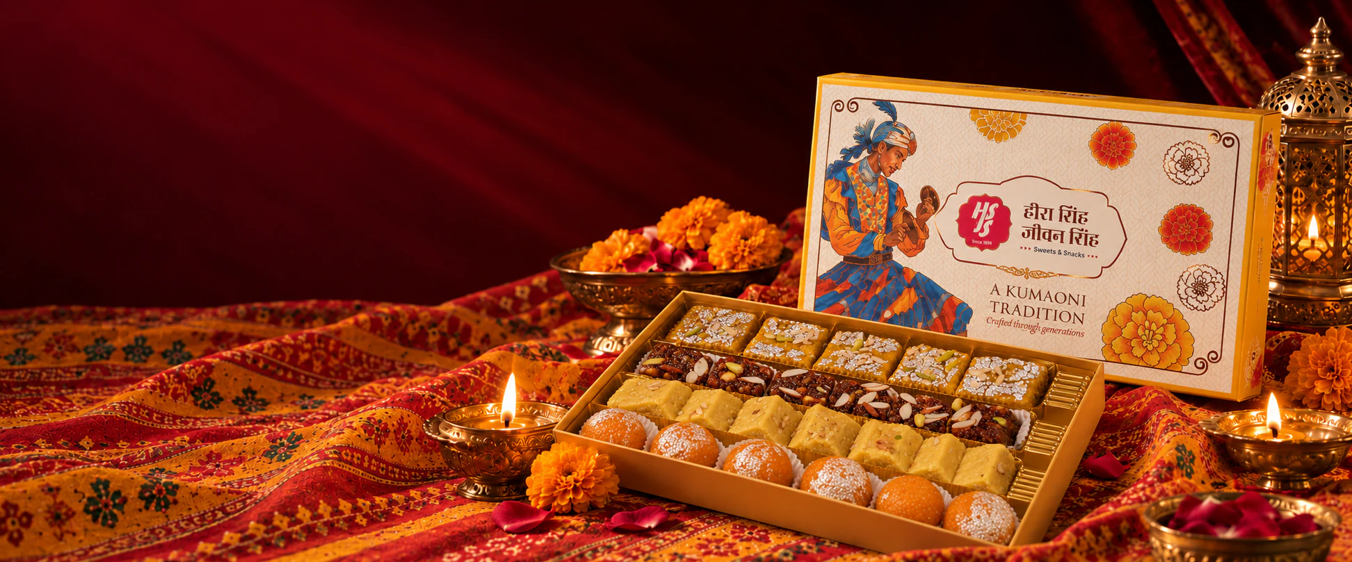 A golden HSJS gift box reading A Kumaoni Tradition, open to show rows of barfi and laddu among lit diyas and marigolds