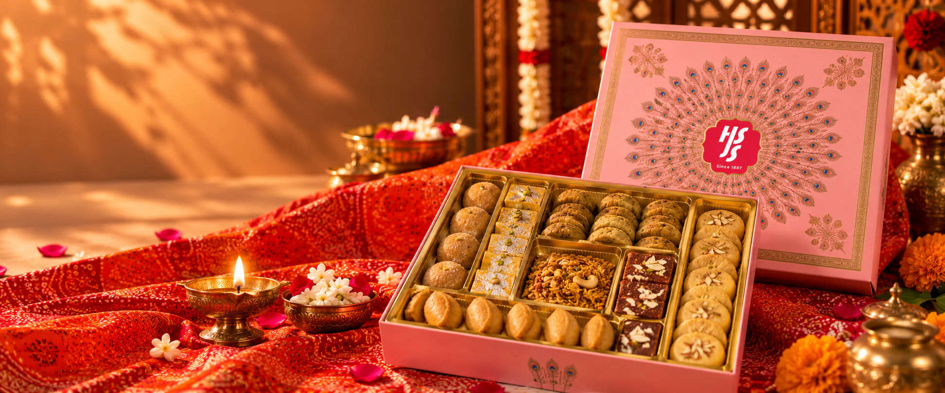 A pink HSJS gift box with a peacock-feather design, open to show an assortment of mithai, beside a brass diya, jasmine flowers and a red bandhani cloth